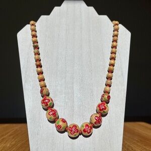 Boho Vintage Wooden Bead Necklace with Red Flowers Hand Painted 24 inch